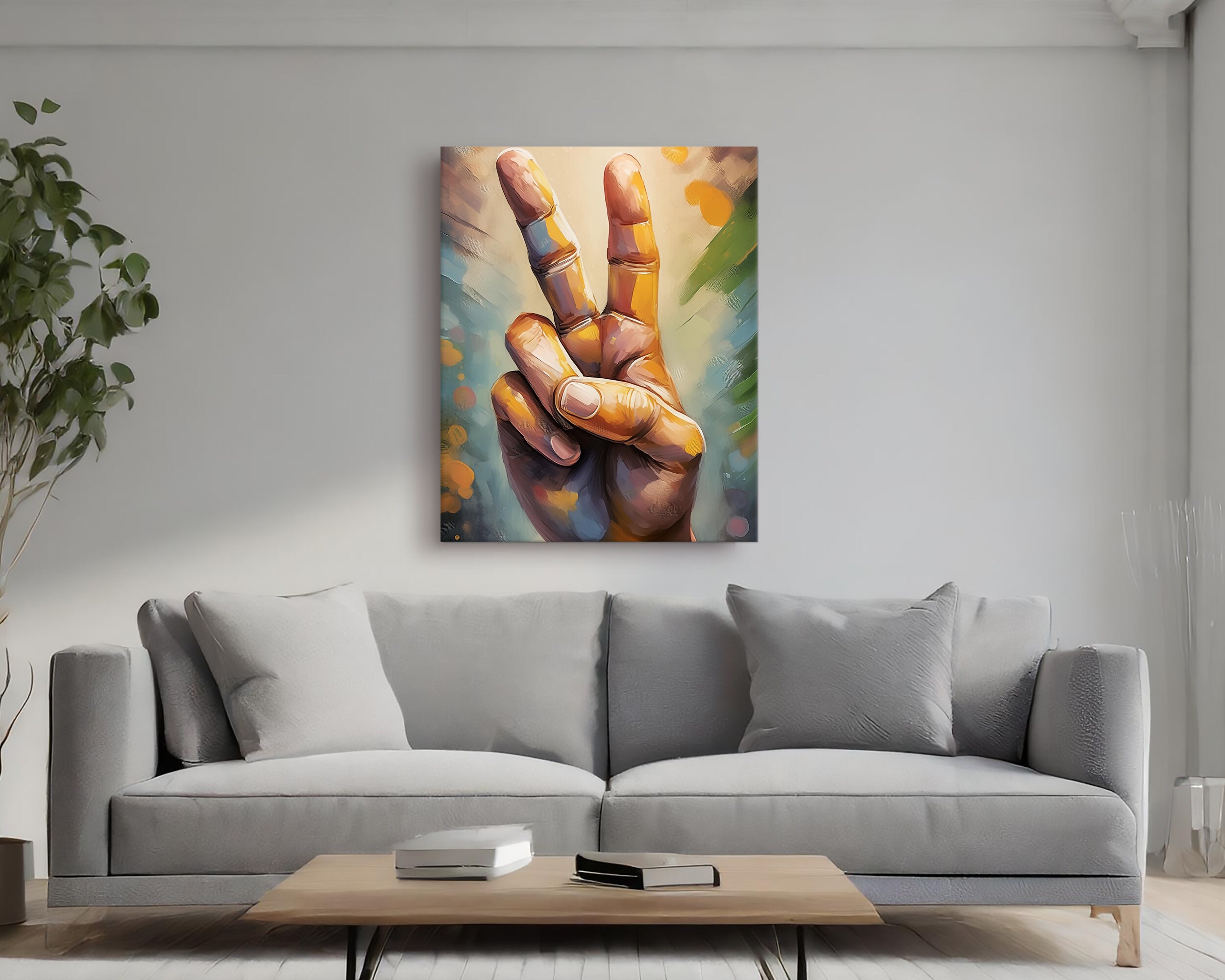 Peace Sign Neutral Peace Sign Hand Canvas Painted Style Home Decor Living Room Wall Art ...
