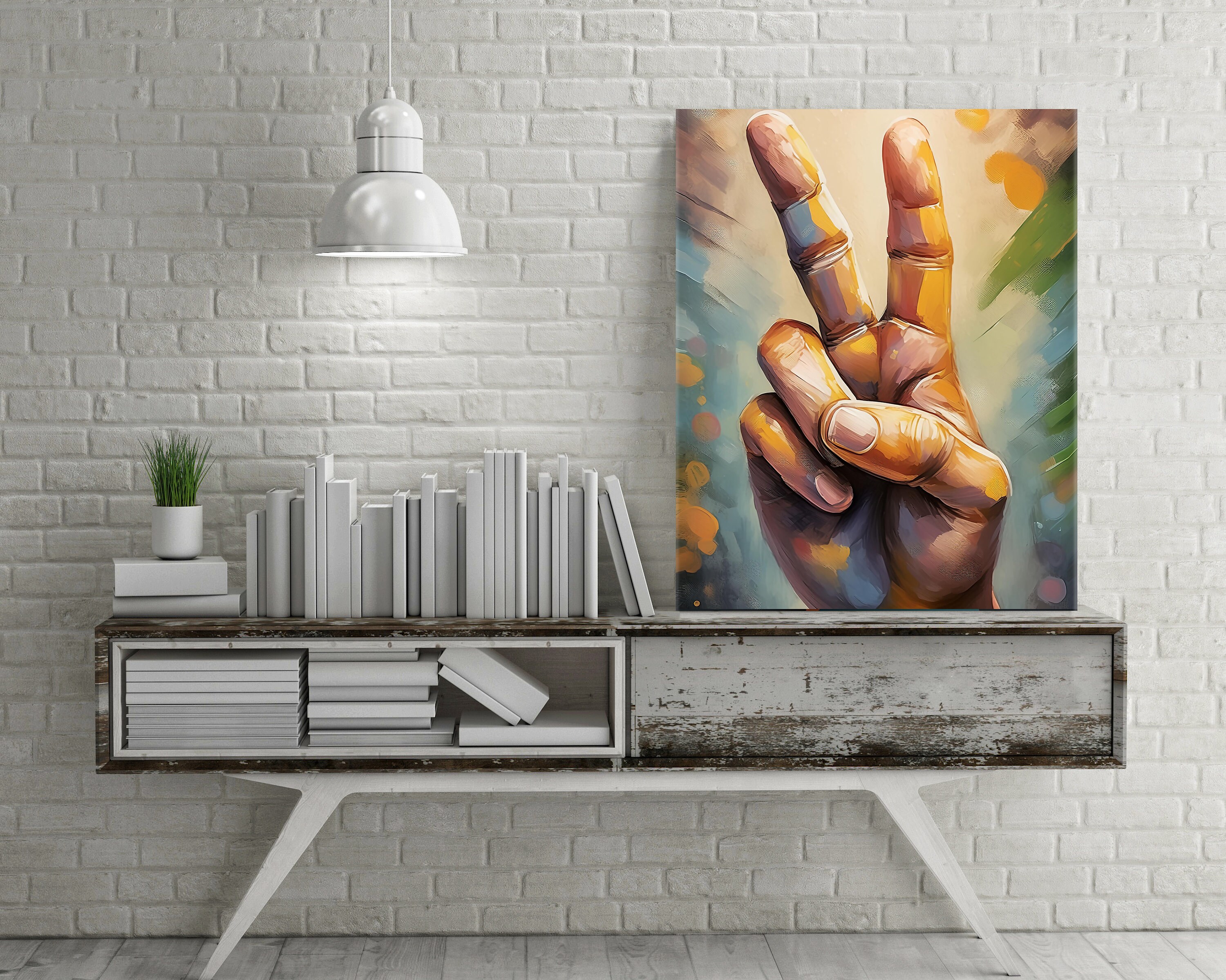 Peace Sign Neutral Peace Sign Hand Canvas Painted Style Home Decor Living Room Wall Art ...