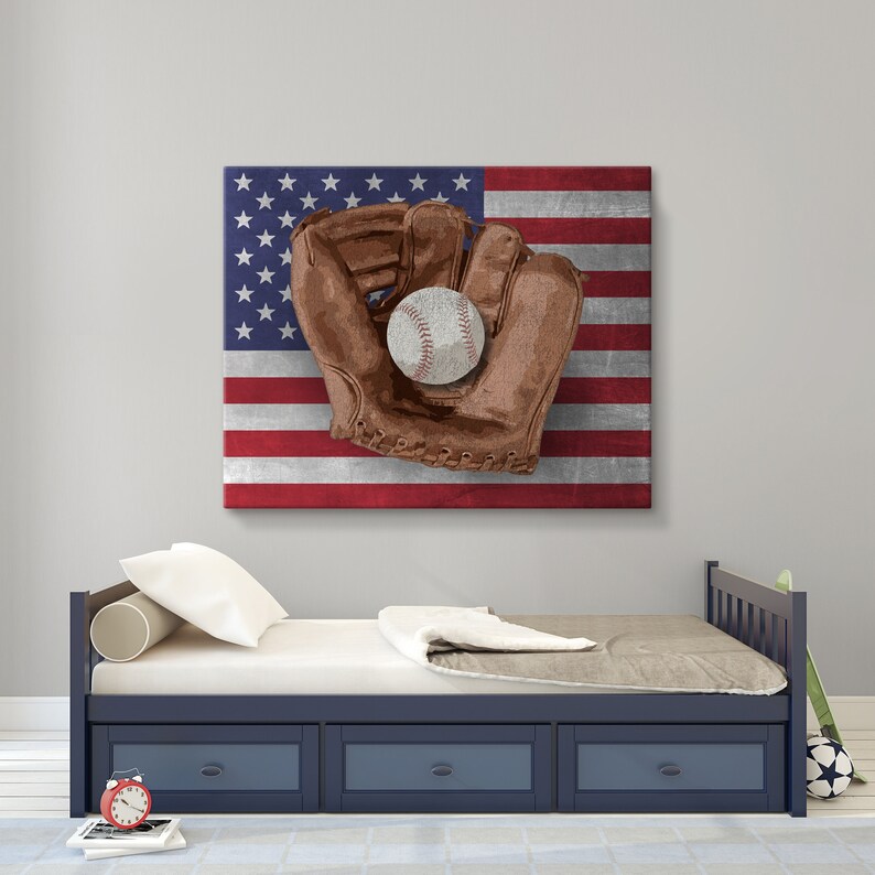 May include: A baseball glove with a baseball inside, on a red, white, and blue American flag background. The glove is brown leather with white stitching. The baseball is white with red stitching. The flag is distressed and has a vintage look.