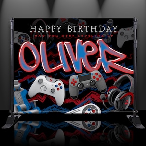 Personalized Gamer Backdrop Boys Birthday Party Celebration Event Decor Custom Bar Mitzvah Banner Roblox Fortnighti Minecraft Grand Theft Blue and Red