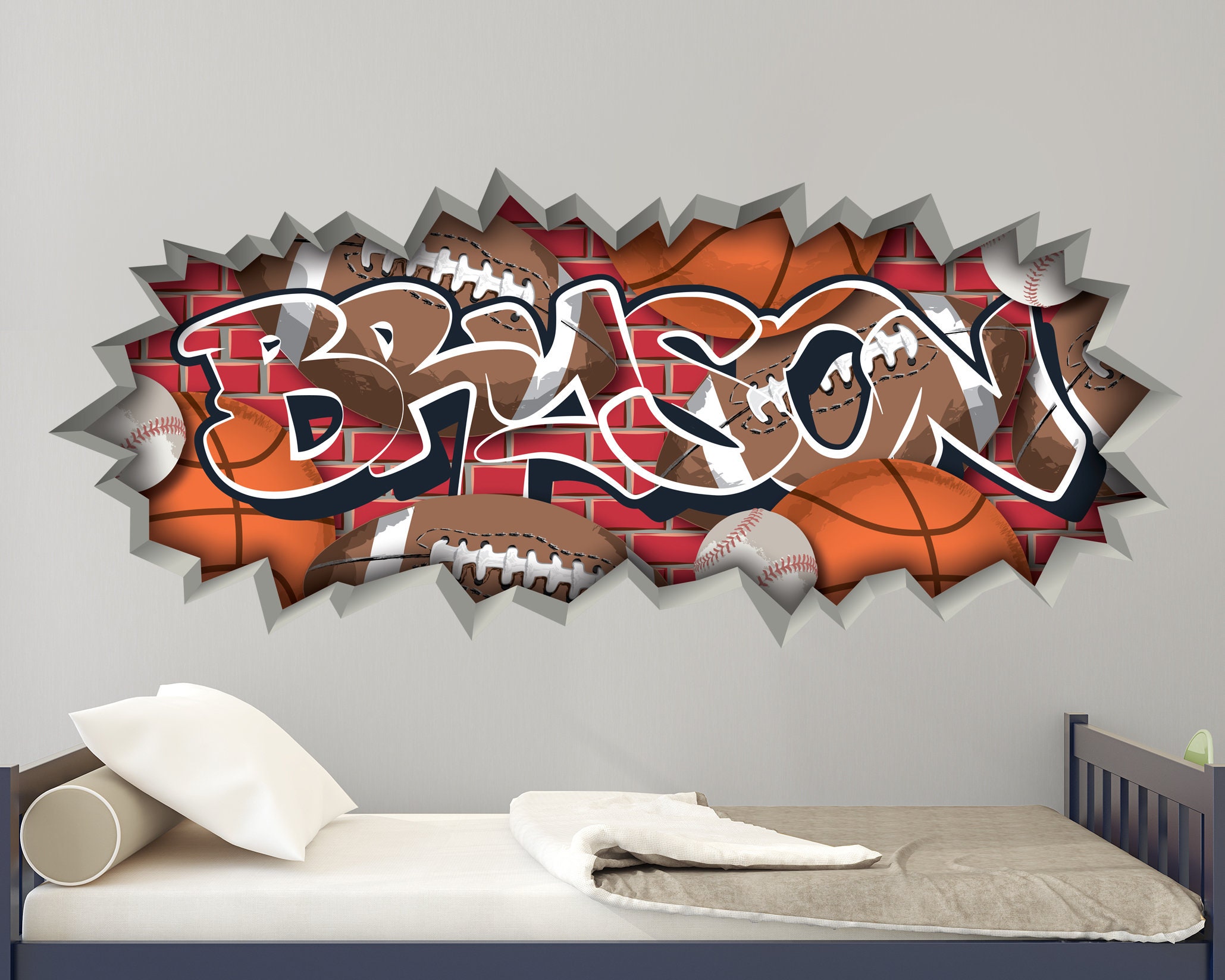 Sports Graffiti Removable Brick Name Wall Decal Art Baseball Etsy