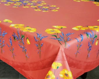 POPPY LAVENDER SALMON Rectangle Cotton Coated Tablecloth French Oilcloth Spill Proof Wipe Off Fabric French Country Flowers Home Decor