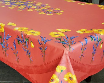 POPPY LAVENDER SALMON Rectangle Cotton Tablecloth - French Country Wildflowers Provence Linens - Flowers Party Table Home Decoration Gifts