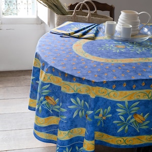 98 CIGALE BLUE French Country Provence Cotton Coated Rectangle Table cloths - French Oilcloth Wipe Off Fabric - Rectangular Party Home Decor