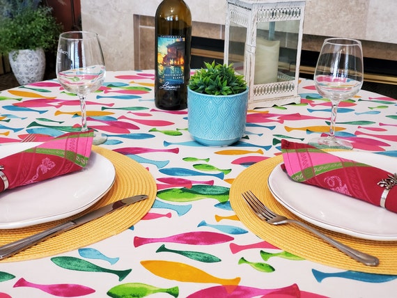 60 OCEAN FISH RAINBOW Round Cotton Coated Tablecloths French Oil Cloth  Spill Wipe off Party Circular Cloth Nature Fish Beach Home Decor -   Canada