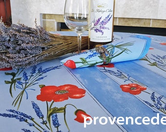 POPPY LAVENDER SKY Blue Cotton Coated Rectangular Table cloths - French Oil cloth Spill Proof Wipe Off Rectangle Country Flowers Home Decor