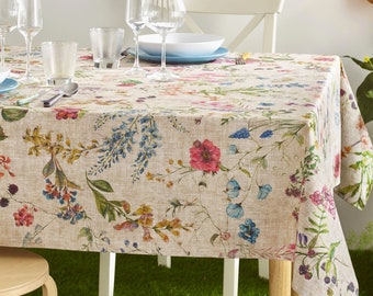 AMELIE French Country Wildflowers Berries Rectangular Tablecloth - Acrylic Cotton Coated Wipe Off Fabric - Indoor Outdoor Party Table Decor