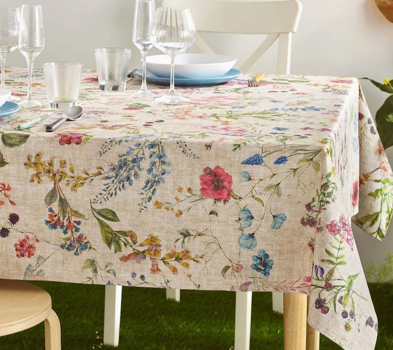 AMELIE French Country Wildflowers Berries Rectangular Tablecloth Acrylic Cotton Coated Wipe Off Fabric Indoor Outdoor Party Table Decor image 1