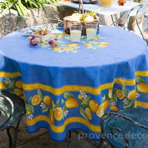 70&quot; LEMON BLUE Acrylic Cotton Coated Round Table cloths - French Oil cloth Spill Proof Easy Wipe Off Child Proof Fabric Circular Table Decor