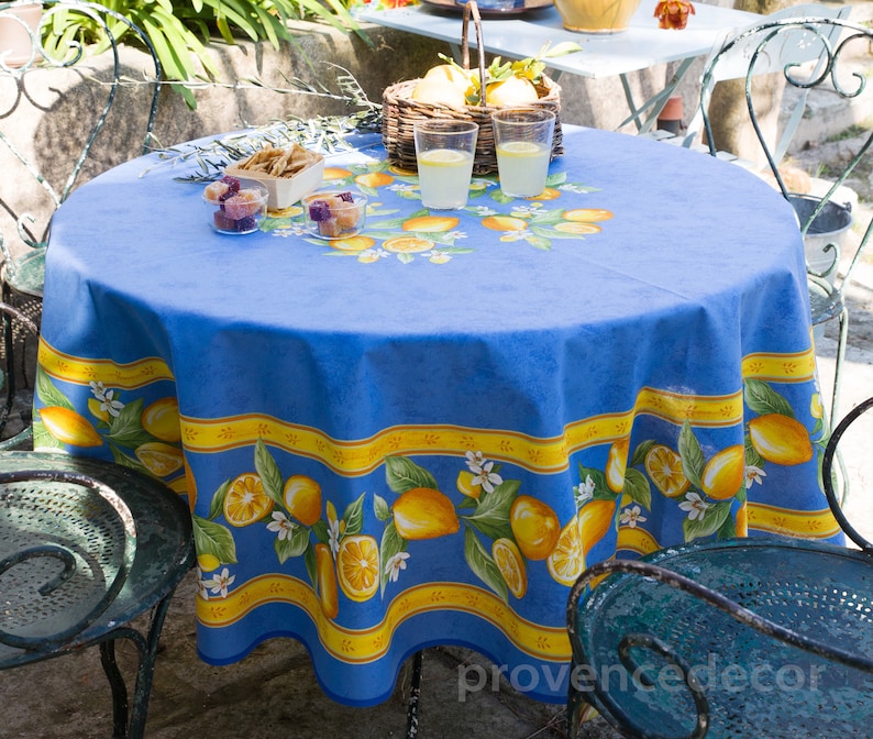 70 LEMON BLUE Acrylic Cotton Coated Round Table cloths French Oil cloth Spill Proof Easy Wipe Off Child Proof Fabric Circular Table Decor image 1