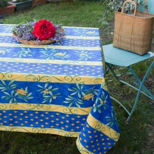 CIGALE BLUE French Country Provence Cotton Coated Rectangle Table Cover- French Oilcloth Spill Proof Wipe Off Fabric Rectangular Table Decor