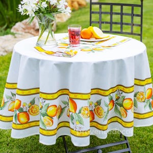 LEMON WHITE round cotton tablecloth 70 inch French country citrus fruit table cover farmhouse kitchen dining room summer decor gift idea