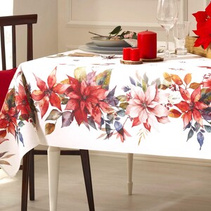 HOLLY POINSETTIA Cotton Coated Rectangle Tablecloths - French Oilcloth Wipeable Xmas Rectangular Table Cover - Holidays Decoration Gift Idea