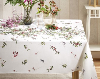 WILD BERRIES RUNNER French Country Rectangular Christmas Tablecloth - Acrylic Cotton Coated Wipe Off Fabric - Xmas Party Table Decor Gifts