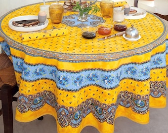 70in TRADITION YELLOW Round Acrylic Coated French Provence Table cloths French Oilcloth In/Outdoor Laminated Cotton Party Table Decor Gift