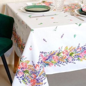 JULIET FLORAL Cotton Coated Rectangle Tablecloth - French Country Oilcloth Spill Proof Wipeable Fabric - Roses Lavender Table Decor Gifts