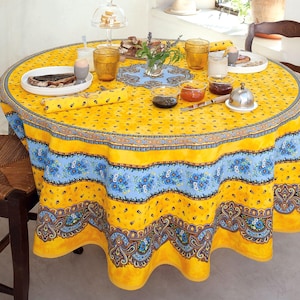 TRADITION YELLOW Printed Cotton 70 in Round Provence Table cloths - French Country Provencal Circular Table Covers - Party Home Decor Gifts