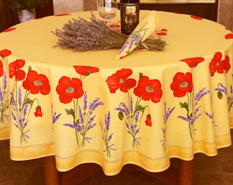 70in POPPY LAVENDER YELLOW Round Printed Cotton Tablecloths French Country Wildflowers Circular Table Cover Farmhouse Home Decor Gifts