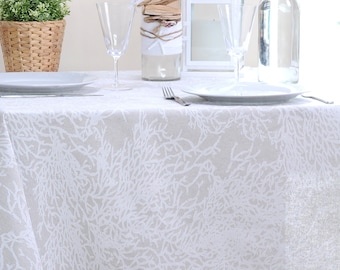70in FRENCH RIVIERA WHITE Round Cotton Coated Tablecloths French Oilcloth Spill Proof Wipe Off Fabric Circular Party Table Decoration