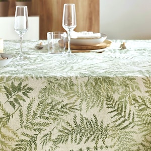 70&quot; ZEN GARDEN Cotton Coated Round Table cloth - French Oilcloth Spill Proof Easy Clean Wipeable Tablecloths - Fern Leaves Design Home Decor