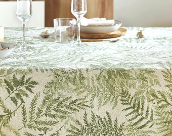 70" ZEN GARDEN Cotton Coated Round Table cloth - French Oilcloth Spill Proof Easy Clean Wipeable Tablecloths - Fern Leaves Design Home Decor