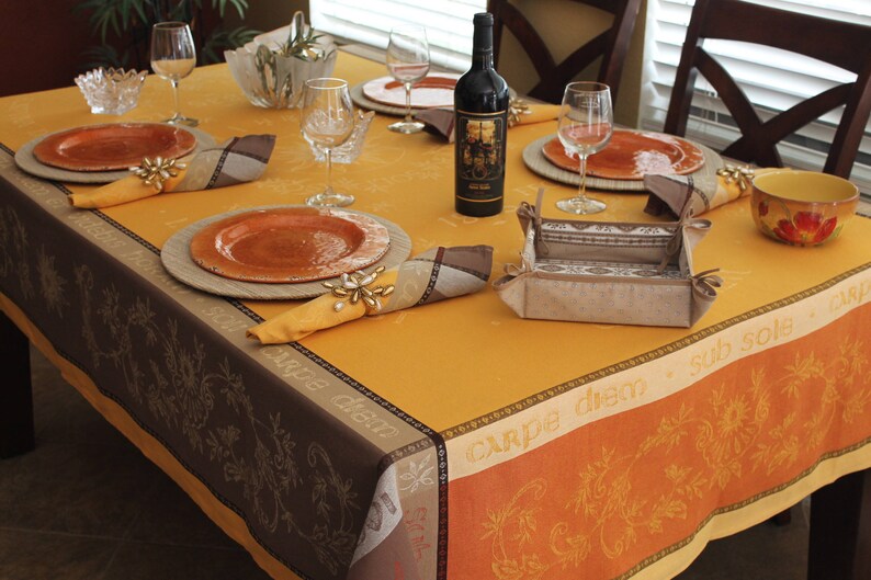 CARPE DIEM YELLOW French Jacquard Woven Teflon Cotton Coated Tablecloths Fall Thanksgiving Party Table Decor French Home Decor Gifts