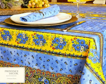 TRADITION BLUE Rectangle French Provence Marat Avignon Cotton Coated Tablecloth French Oilcloth Spill Proof Laminated Wipe Off Table Decor