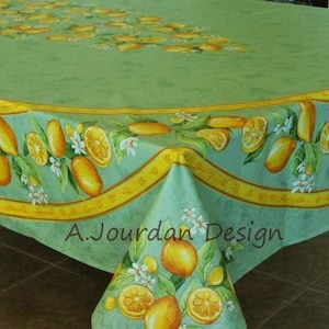 LEMON GREEN French Country Acrylic Cotton Coated 98&quot; Rectangle Tablecloths - French Oilcloth Wipe Off Rectangular Cloth - Home Table Decor