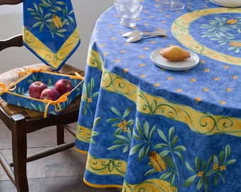 70in CIGALE BLUE Round Printed Cotton Tablecloth French Country Provence Farmhouse Style Kitchen Dining Decor Fabric Table Cover Gift Ideas