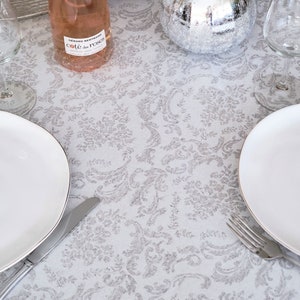 60&quot; AMBOISE SILVER GRAY Luxury Design Round Tablecloths- French Oilcloth Stain Resistant Wipe Off Fabric- Elegant Party Circular Table Cover