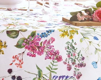 70" SYLVIE French Country Wildflowers Berries Round Table cloth - French Oilcloth Cotton Coated Wipe Off Cloth-Party Spill Proof Table Decor