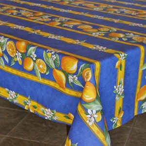 LEMON BLUE French Provencal Rectangular Cotton Coated Tablecloths - French Country Oilcloth Wipe Off Fabric In/Outdoor Rectangle Table Cover