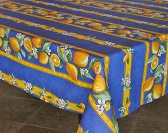 LEMON BLUE Rectangular French Provencal Cotton Coated Tablecloths French Country Oilcloth Wipe Off Fabric In/Outdoor Rectangle Table Cover