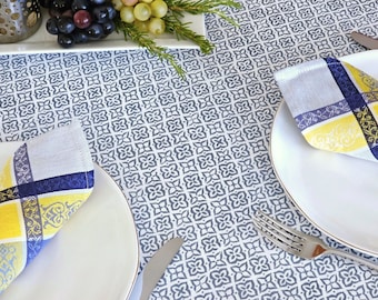 88in MASSILIA BLUE Round Modern Cotton Coated Tablecloth French Oil cloth Spill Resistant Wipe Off Round Table Cover Party Table Decor