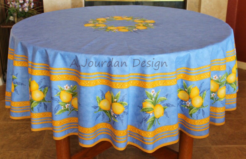 On 70 Citron Blue Acrylic Cotton Coated Round On 70 Citron Blue Acrylic Cotton, Oilcloth Tablecloth Round 70