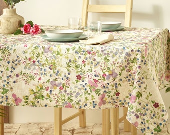 LUANA French Country Wildflowers Rectangle Tablecloths - French Oilcloth Cotton Coated Easy Wipe Off Fabric Indoor Outdoor Party Table Decor