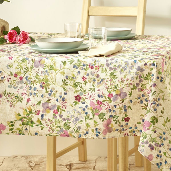 LUANA French Country Wildflowers Rectangle Tablecloths - French Oilcloth Cotton Coated Easy Wipe Off Fabric Indoor Outdoor Party Table Decor
