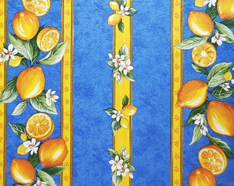 LEMON BLUE Fabric by the Yard 61in wide Acrylic Cotton Coated - French Oilcloth Wipeable Stain Resistant Material Home Art Craft Projects