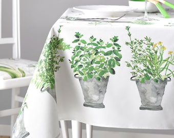 PROVENCE GARDEN WHITE French Herbs Wildflowers Rectangular Tablecloth - Cotton Coated Wipe Off Fabric - Indoor Outdoor Rectangle Table Decor