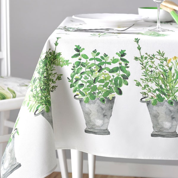 PROVENCE GARDEN WHITE French Herbs Wildflowers Rectangular Tablecloth - Cotton Coated Wipe Off Fabric - Indoor Outdoor Rectangle Table Decor