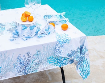 MEDITERRANEAN BLUE Rectangle Cotton Coated Table cloths French Oil cloth Spill Proof Wipe Off Fabric Beach Party Rectangular Table Cover