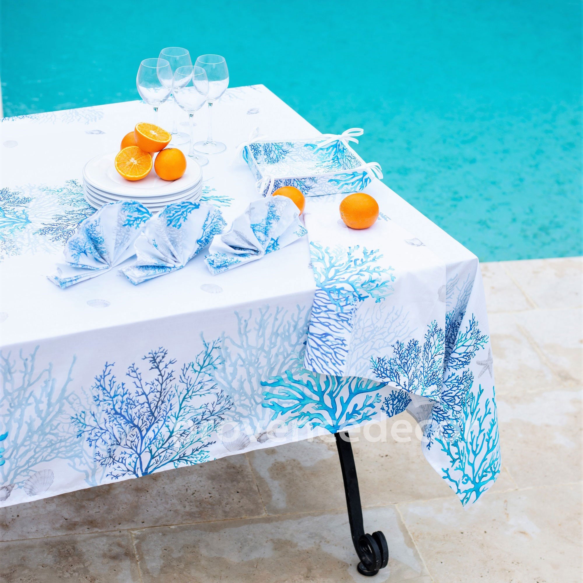 MEDITERRANEAN BLUE Cotton Coated Rectangle Table cloths French Oil cloth Spill Proof Wipe Off Fabric Beach Party Rectangular