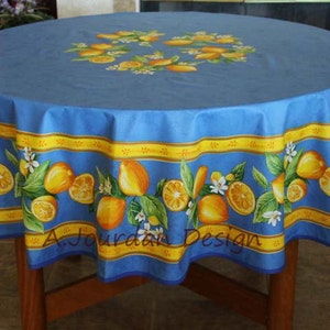 70 LEMON BLUE Acrylic Cotton Coated Round Table cloths French Oil cloth Spill Proof Easy Wipe Off Child Proof Fabric Circular Table Decor image 2