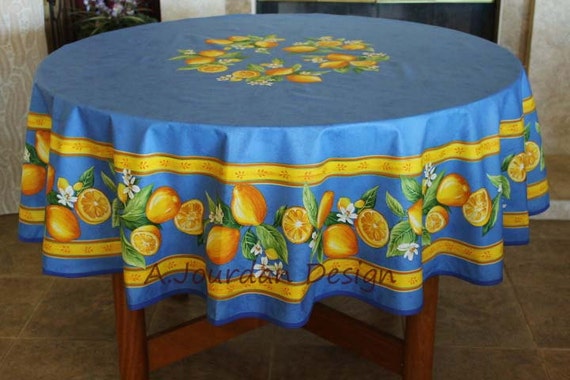 70 LEMON BLUE Acrylic Cotton Coated Round Table Cloths French Oil Cloth  Spill Proof Easy Wipe off Child Proof Fabric Circular Table Decor 