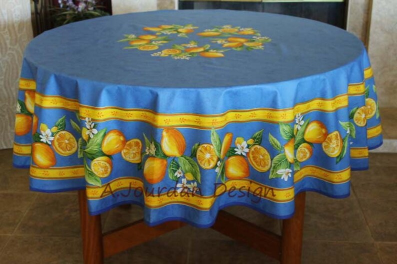 70 LEMON BLUE Acrylic Cotton Coated Round Table cloths French Oil cloth Spill Proof Easy Wipe Off Child Proof Fabric Circular Table Decor image 2