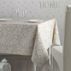 VERSAILLES LINEN BEIGE Cotton Coated Tablecloth - Acrylic French Oil cloth Wipe Off Indoor Outdoor Rectangular Party Table Decor