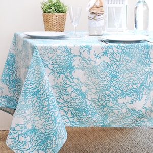 FRENCH RIVIERA TURQUOISE Rectangle Coral Reefs Cotton Coated Tablecloth French Oilcloth Spill Proof Wipe Off Fabric Ocean Beach Table Decor