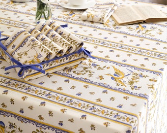 MOUSTIER BLUE Cotton Coated Rectangle Tablecloths - Traditional French Provence Oilcloth In/Outdoor Tablecloth -Party Table Decor Home Gifts
