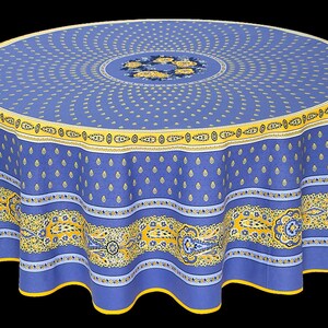 70in BASTIDE BLUE YELLOW Round Acrylic Cotton Coated Tablecloths French Country Oilcloth Stain Resistant Wipe Off Fabric Party Table Decor image 3