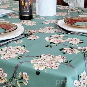 ALMOND BLOSSOM Acrylic Cotton Coated Rectangular Table cloths - French Oilcloth Spill Proof Wipe Off Cloth - Garden Flowers Home Table Decor
